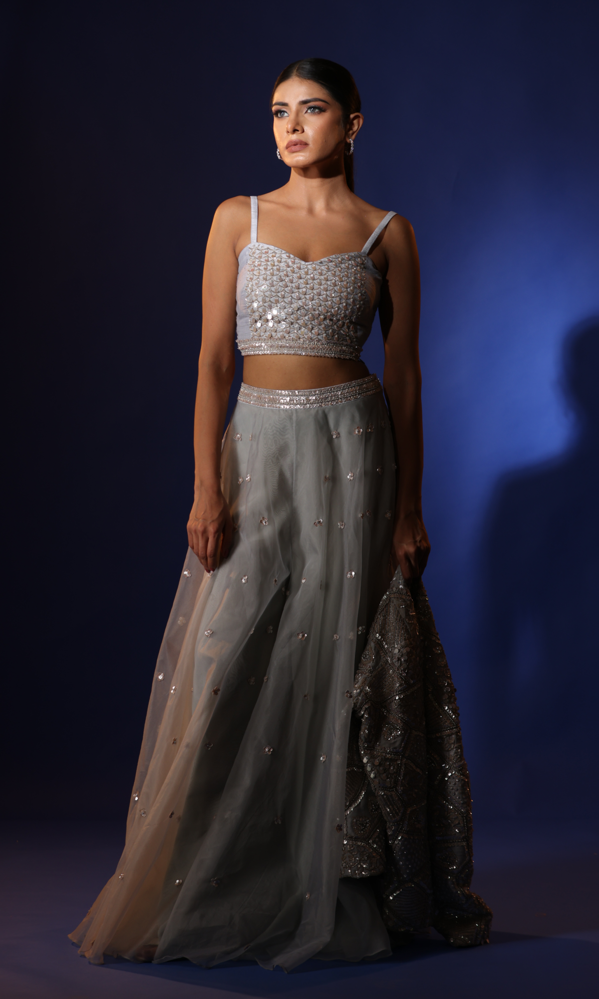 Silver Organza Handwork Jacket Style Set