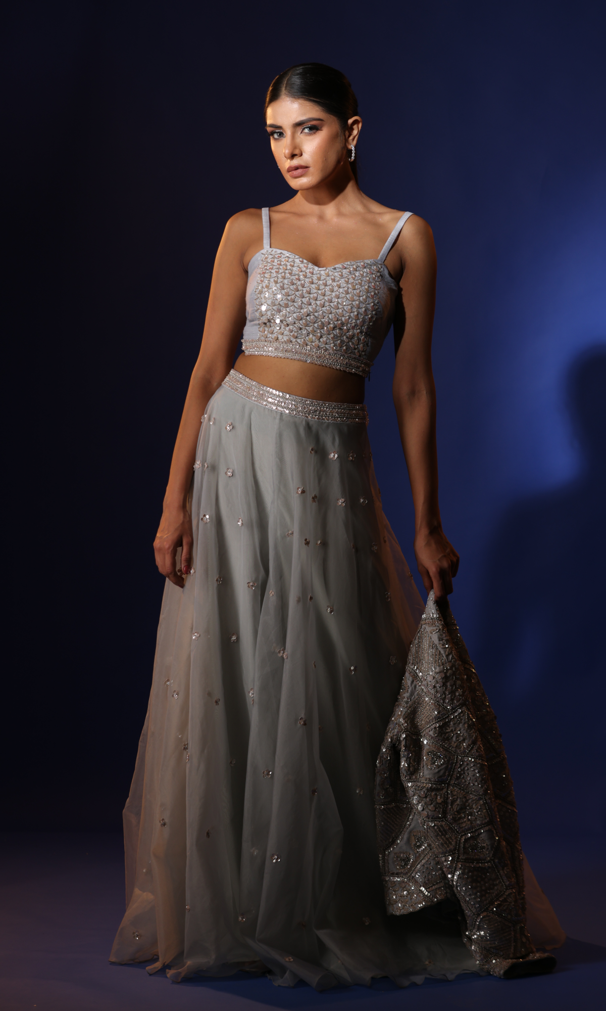 Silver Organza Handwork Jacket Style Set