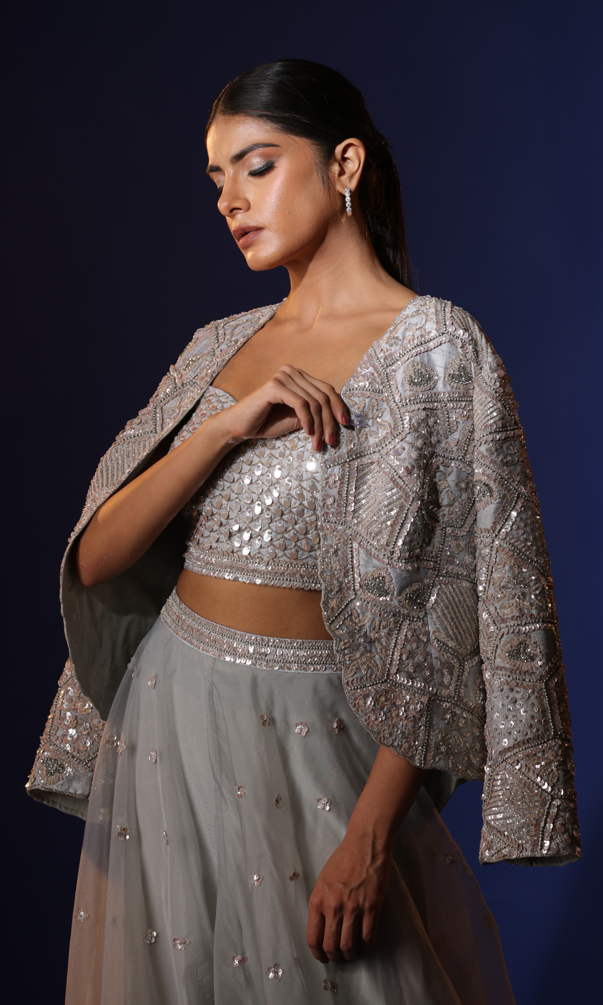 Silver Organza Handwork Jacket Style Set