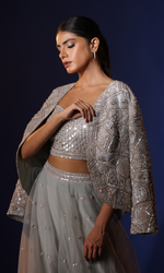 Silver Organza Handwork Jacket Style Set