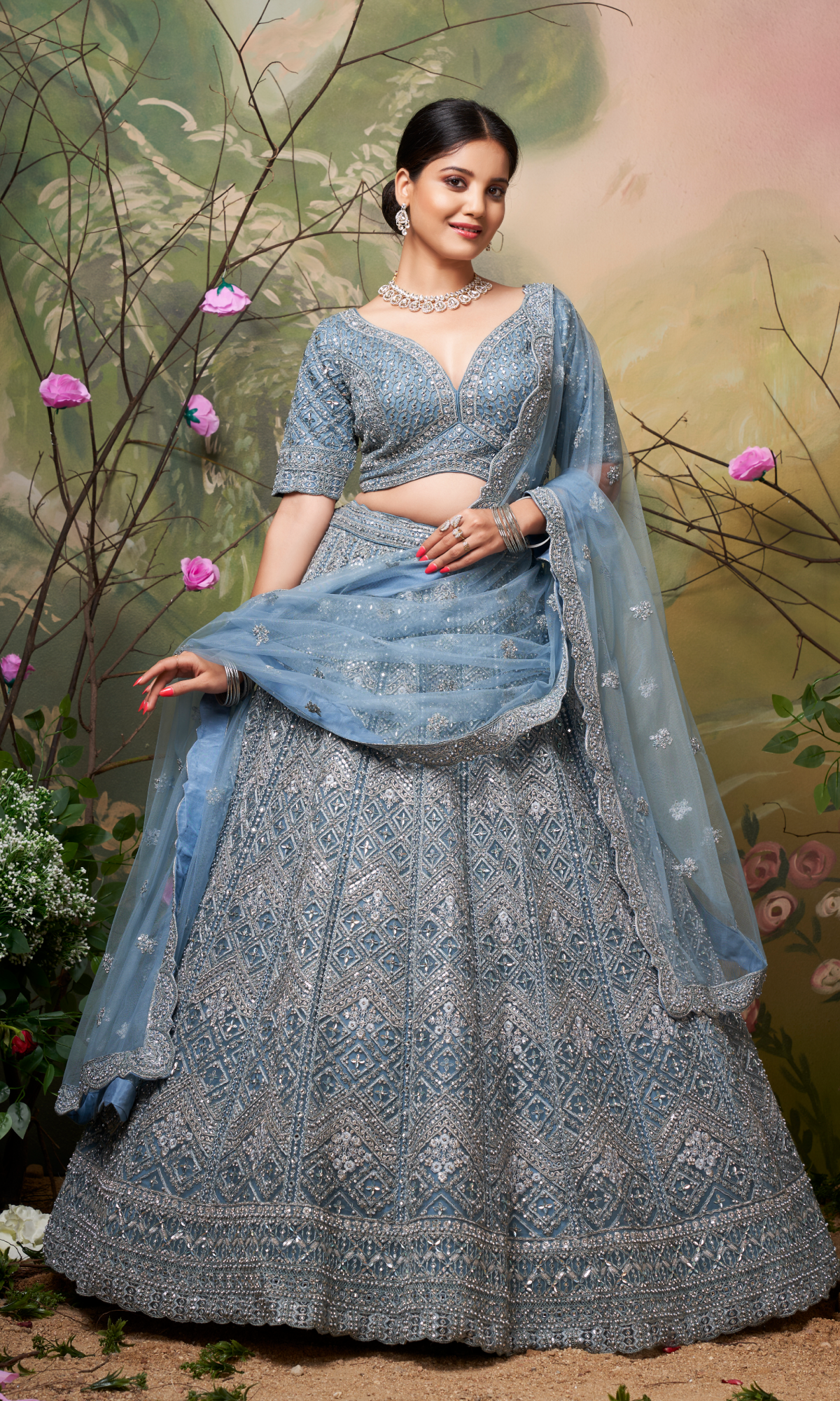 Sky Blue Handwork Lehenga With Stitched Blouse And Dupatta 