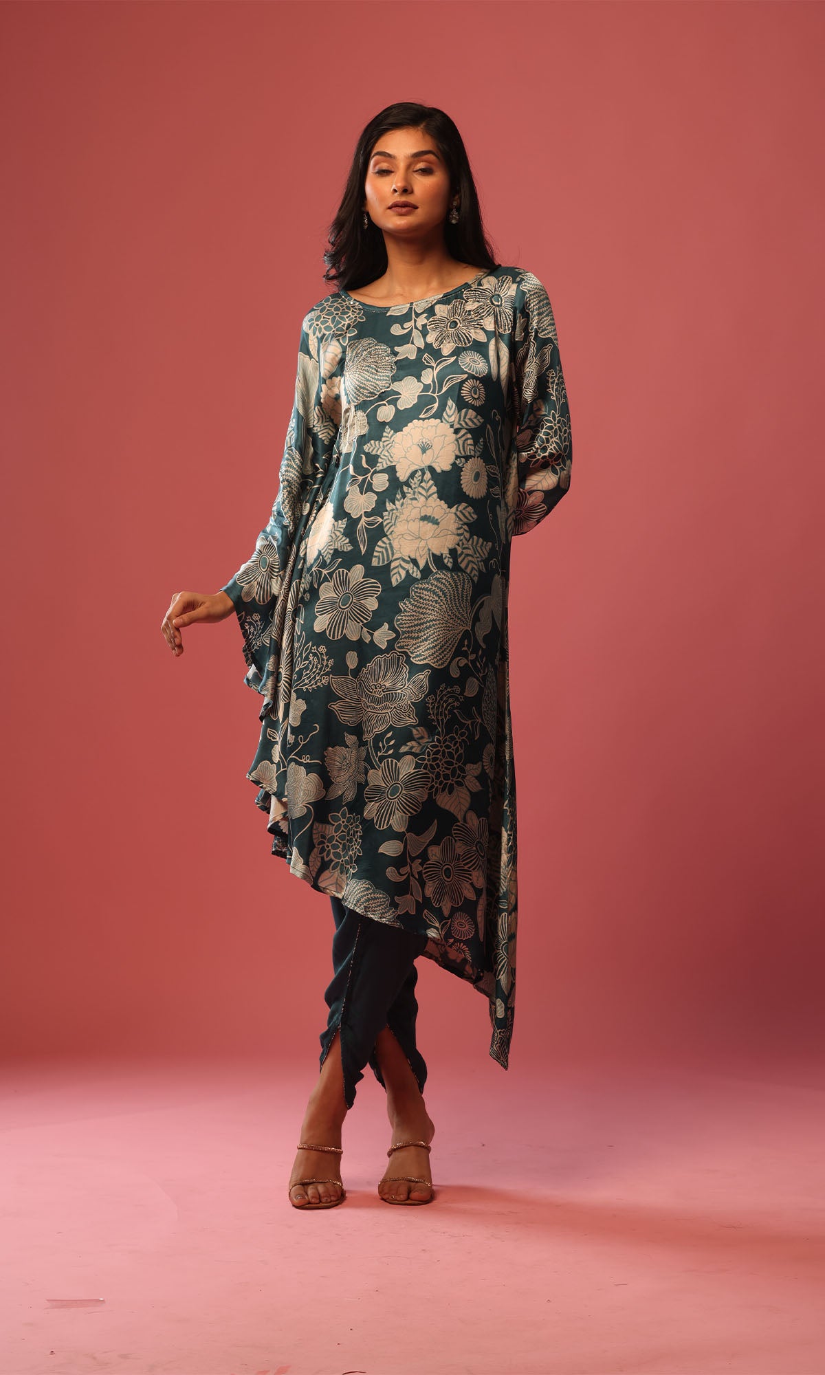 Teal Satin Floral Print Side High Low Kurta With Dhoti Pants