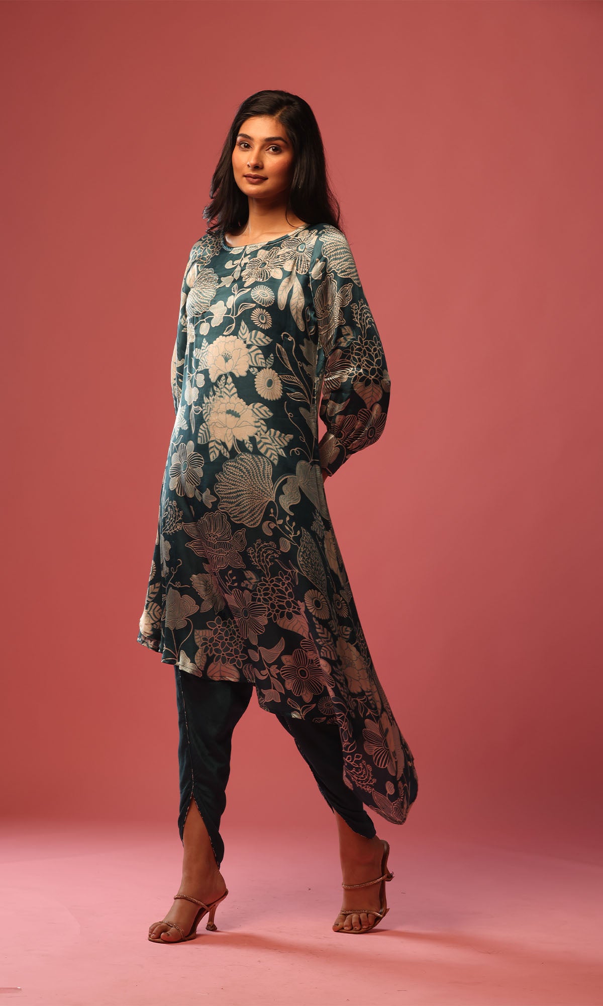 Teal Satin Floral Print Side High Low Kurta With Dhoti Pants