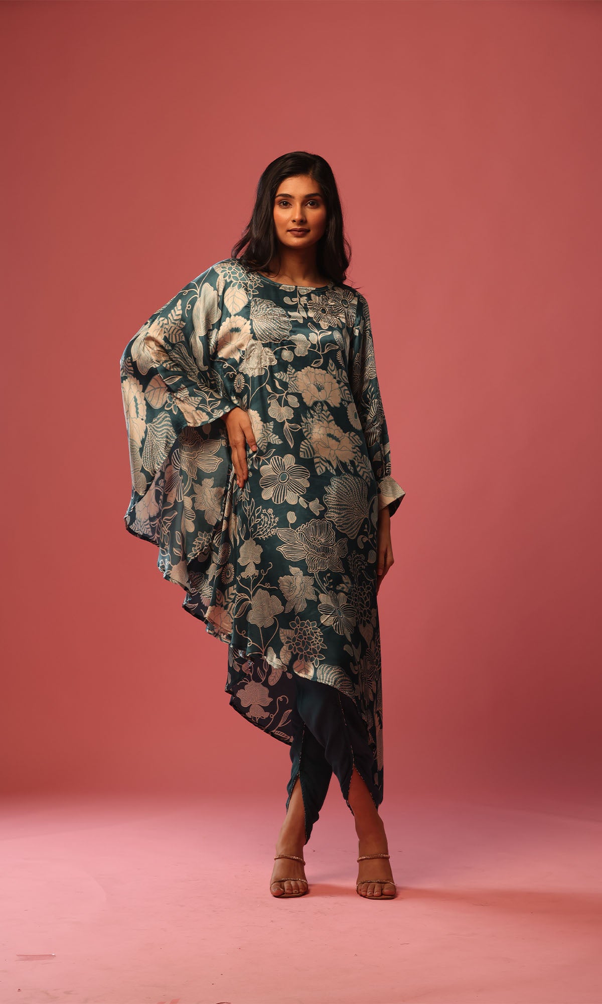 Teal Satin Floral Print Side High Low Kurta With Dhoti Pants
