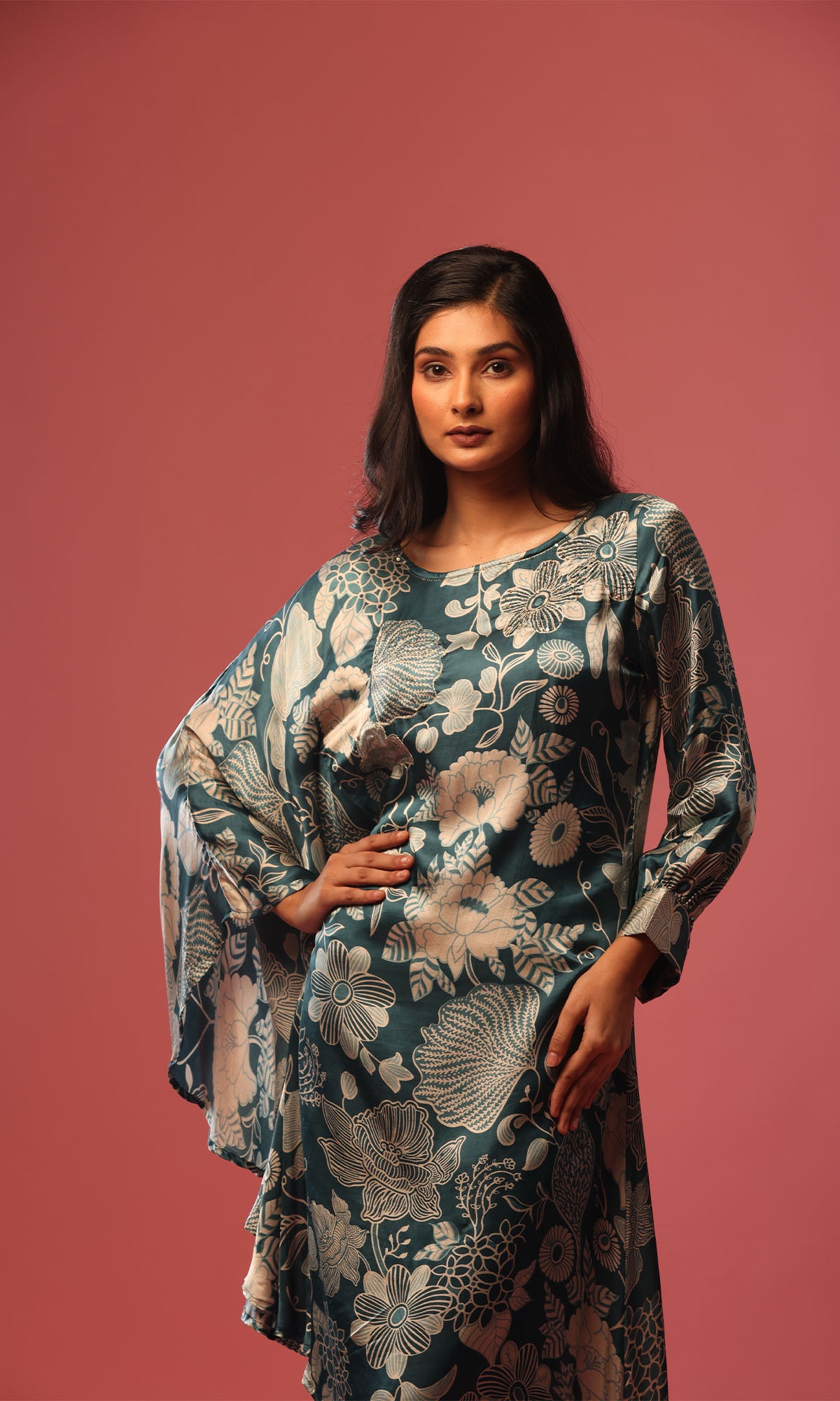 Teal Satin Floral Print Side High Low Kurta With Dhoti Pants