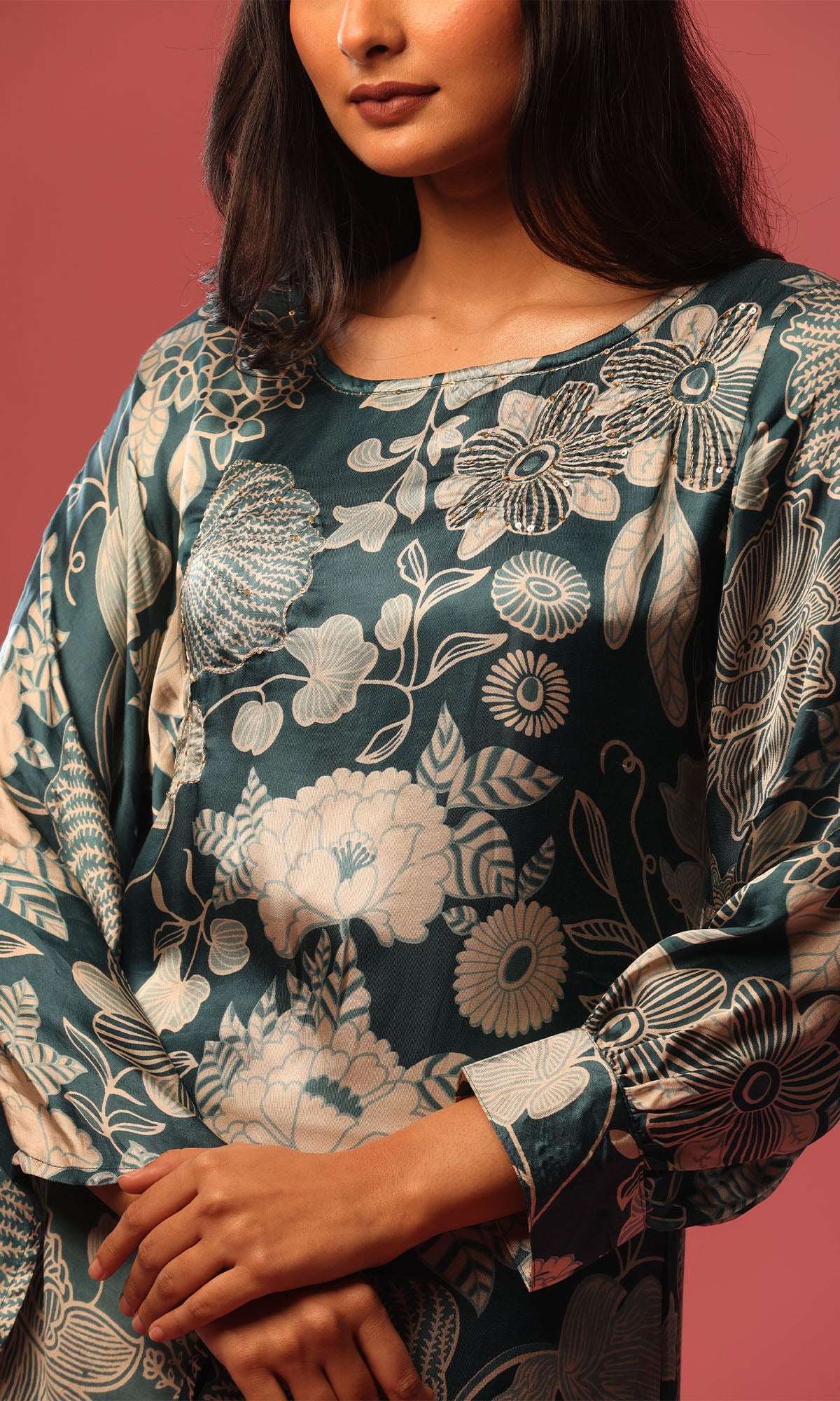 Teal Satin Floral Print Side High Low Kurta With Dhoti Pants