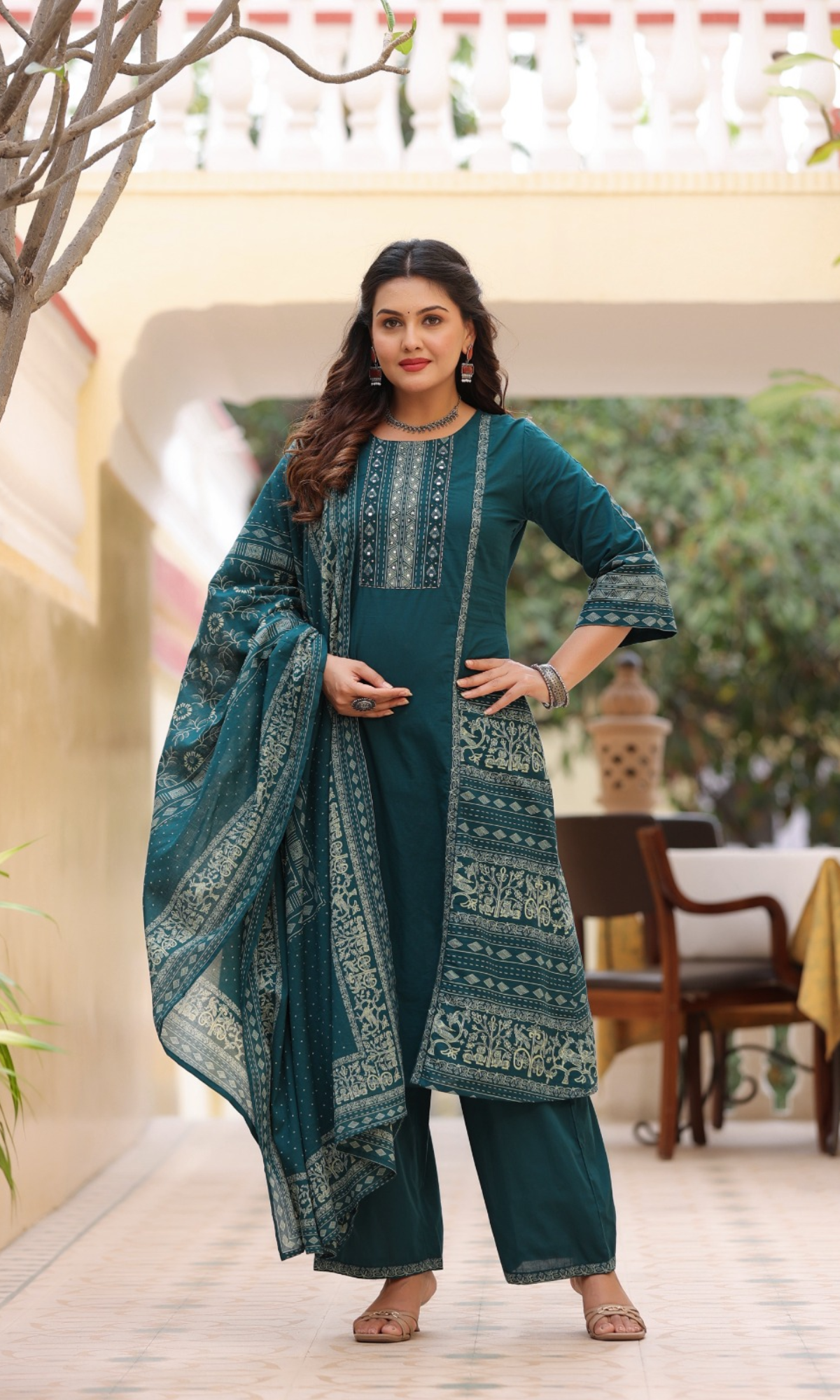 TealPrinted Kurta Set with Dupatta
