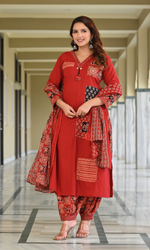 Red Patchwork Printed Kurta Set