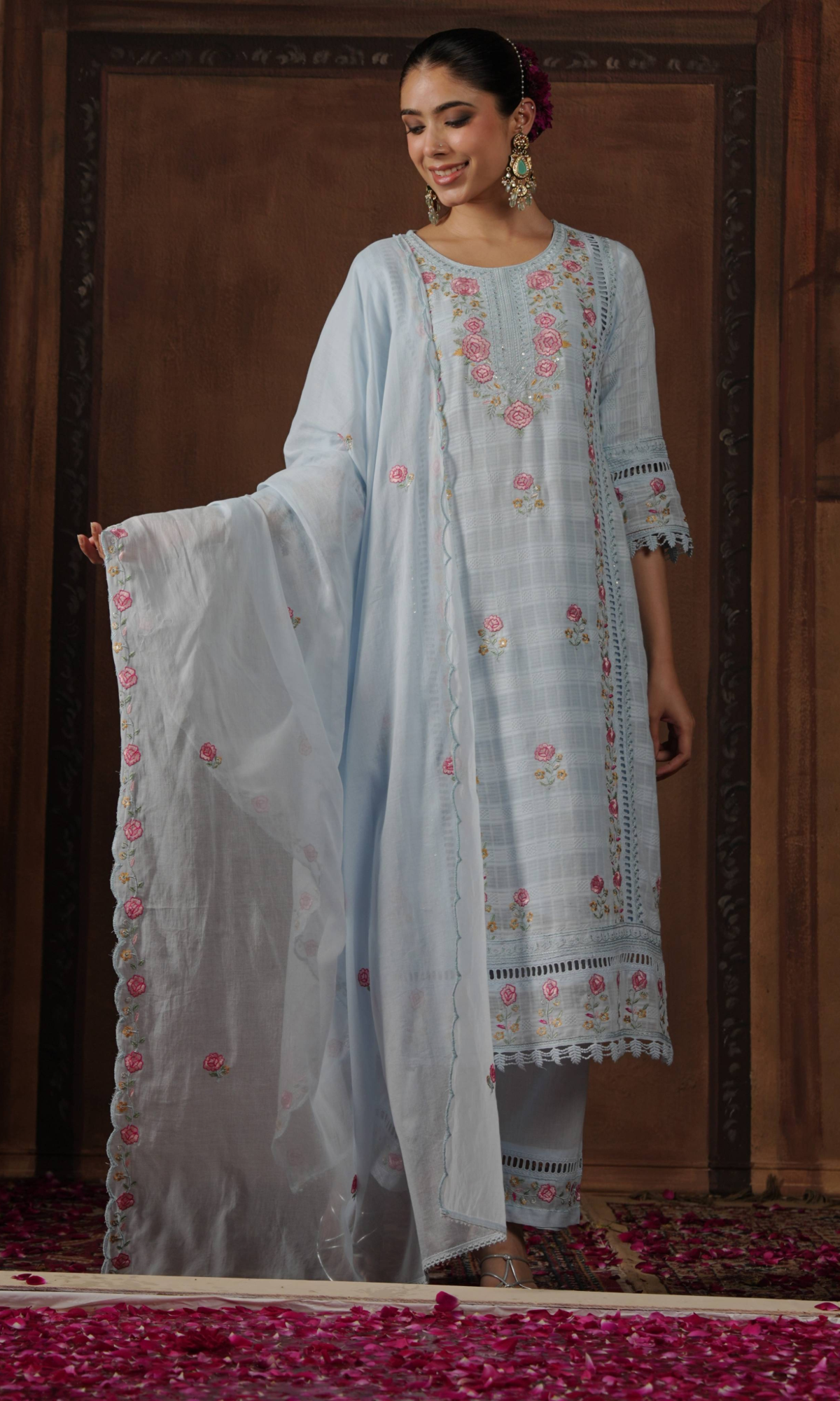 Powder Blue Floral Embroidered Kurta Set