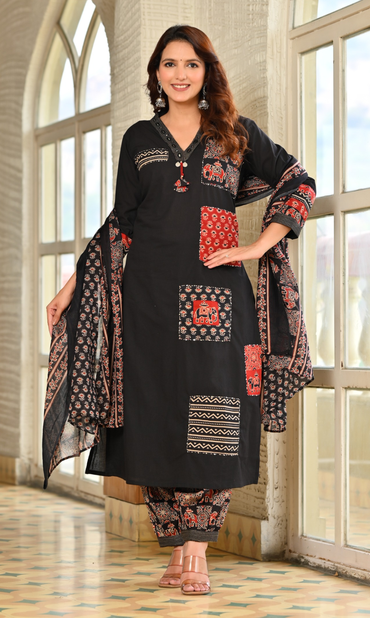 Black Patchwork Printed Kurta Set