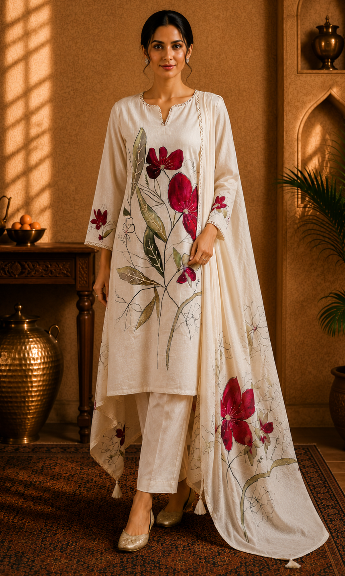 Ivory Crimson Bloom Suit Set
