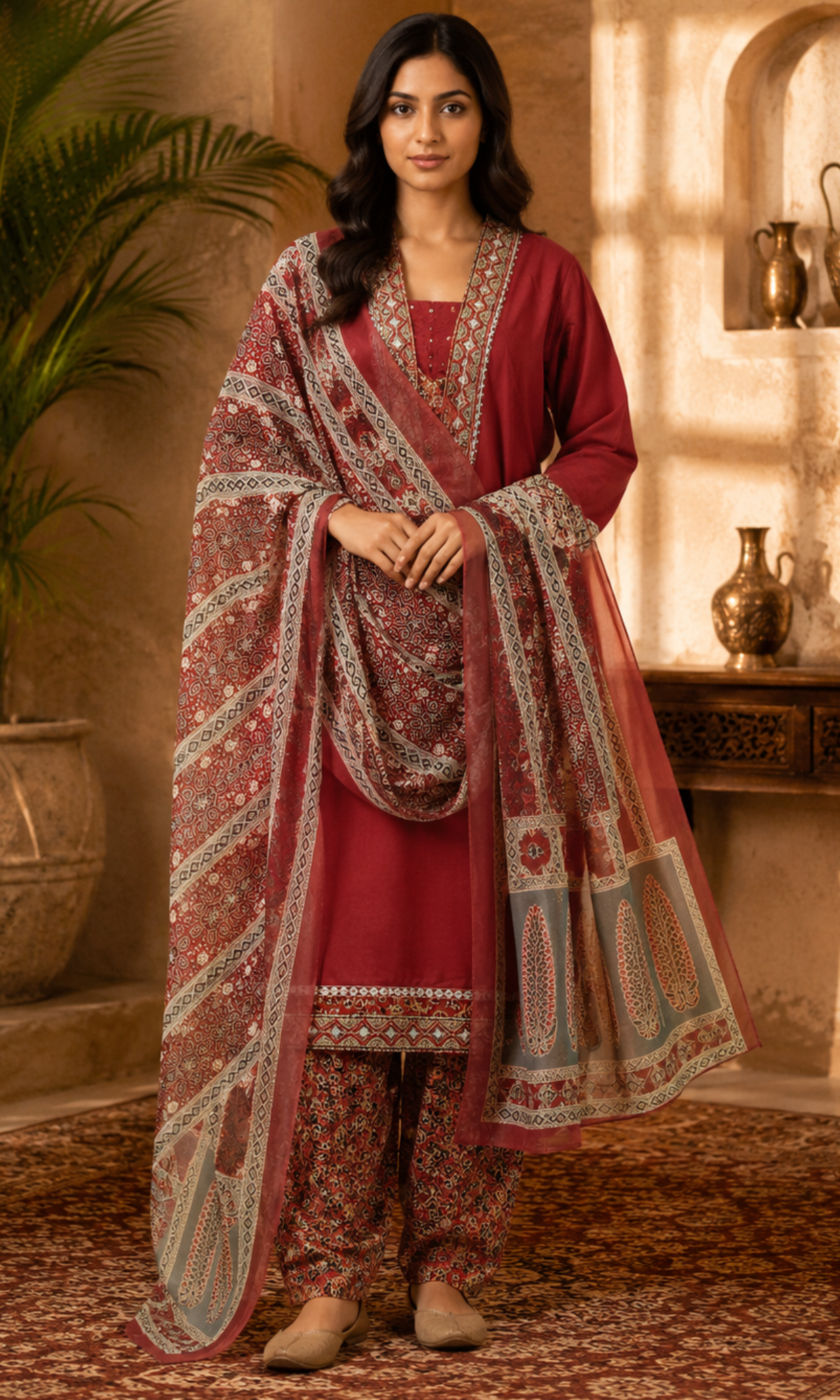 Red embroidered Kurta Set