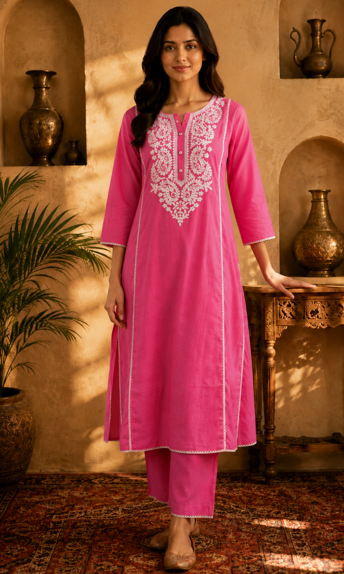 Pink Solid Embroidered Kurta Set
