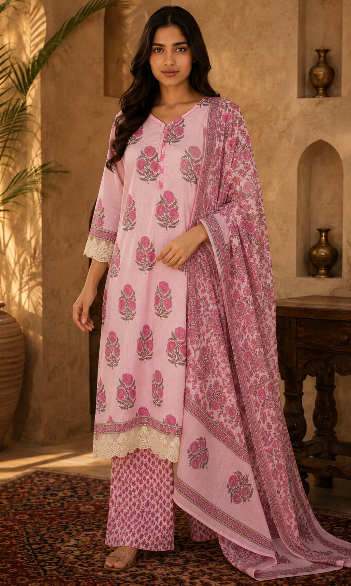 Pink Floral Printed Kurta Set
