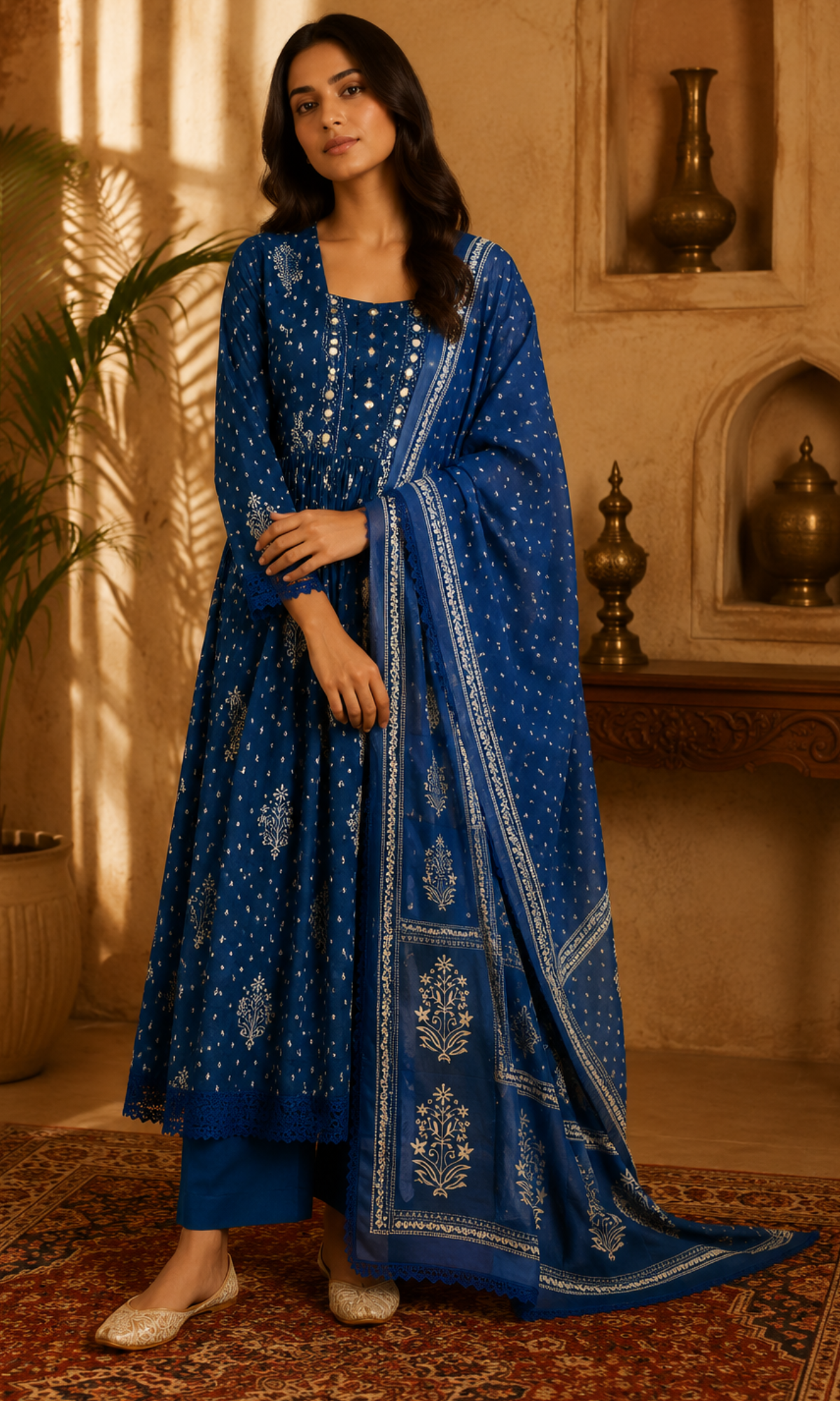 Blue Printed Anarkali Kurta Set
