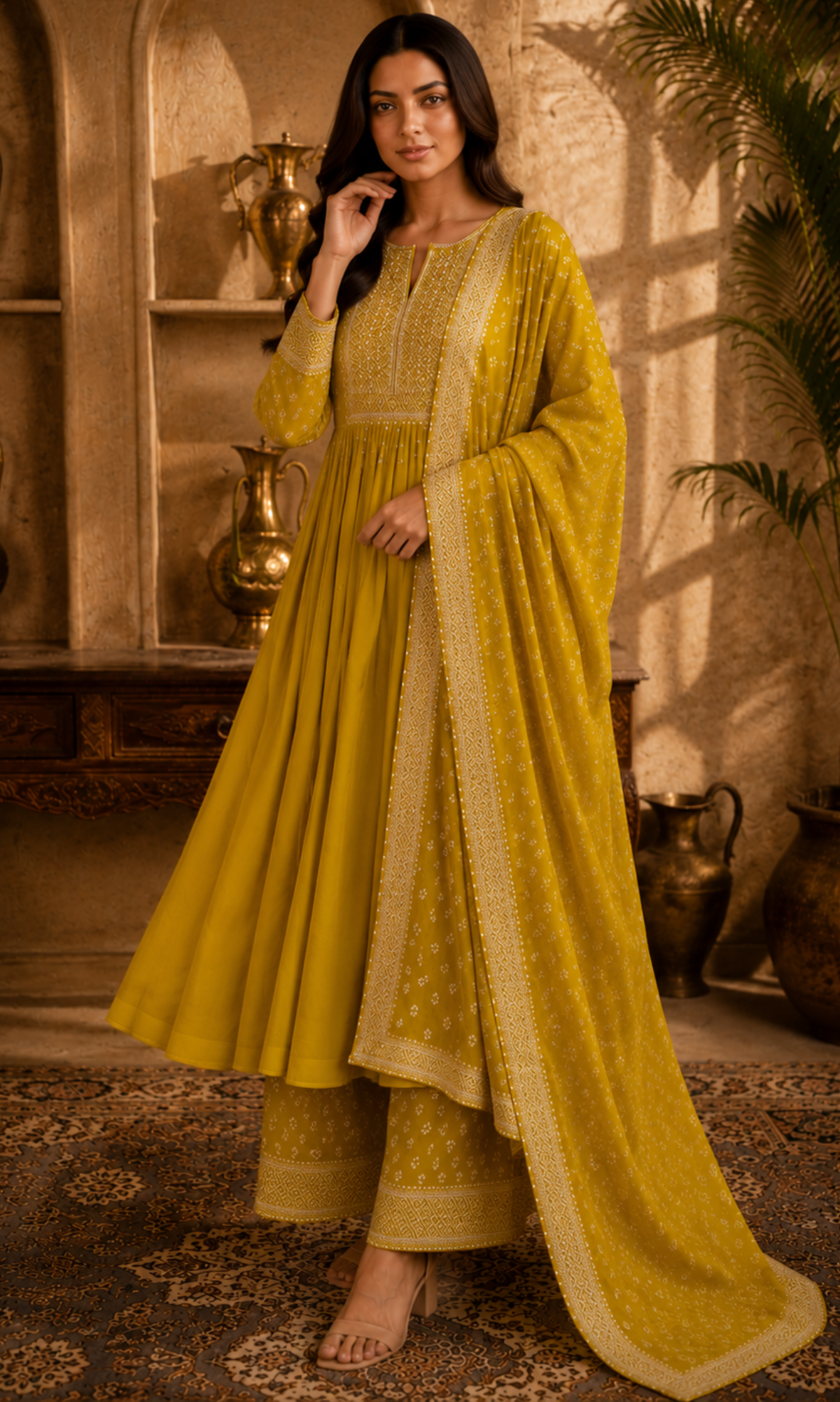 Mustard Printed Anarkali Kurta Set