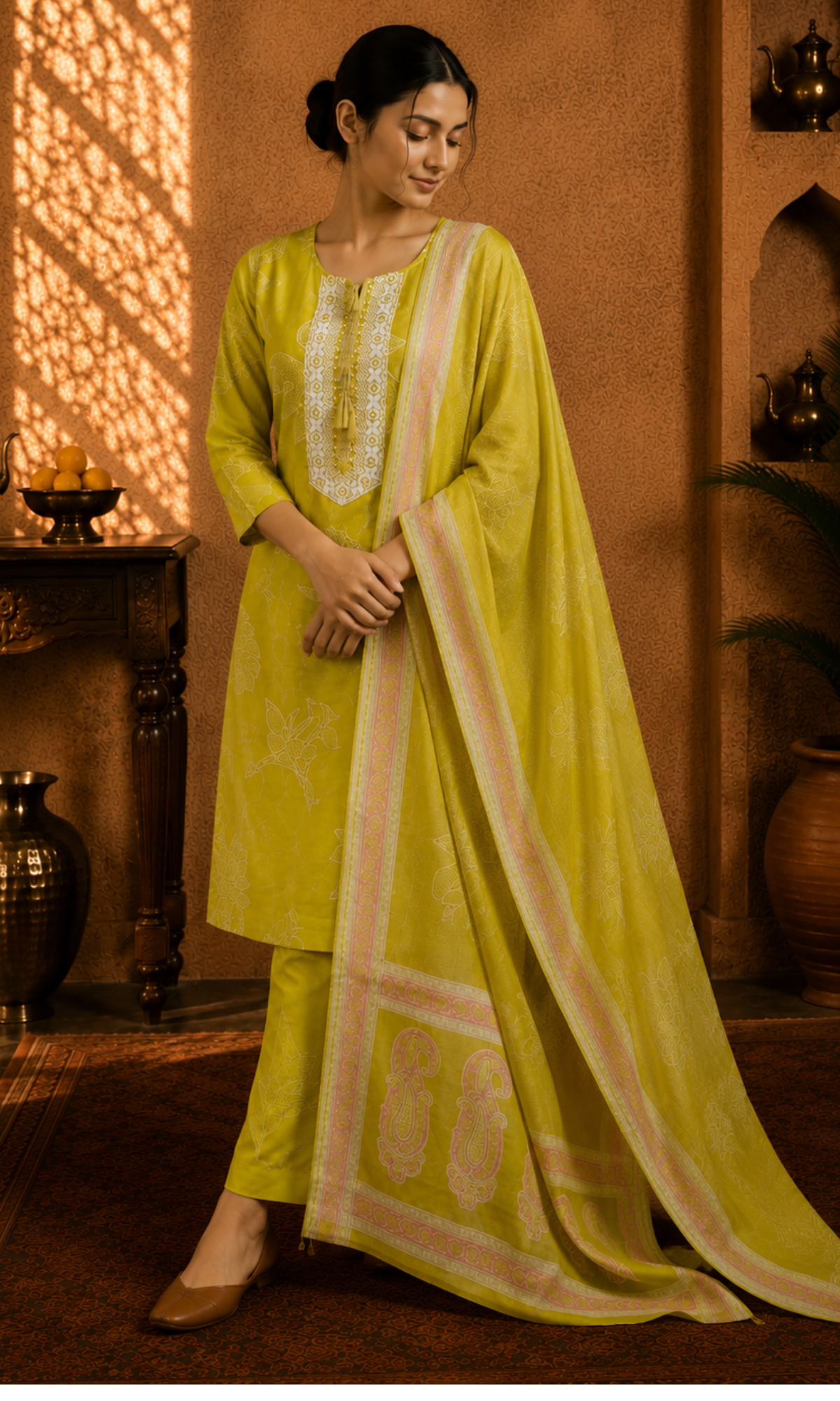 Lime Green Printed Suit Set