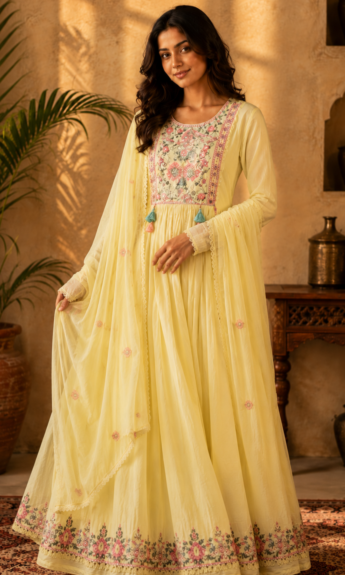 Light Yellow Floral Embroidery Anarkali Kurta Set