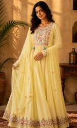 Light Yellow Floral Embroidery Anarkali Kurta Set