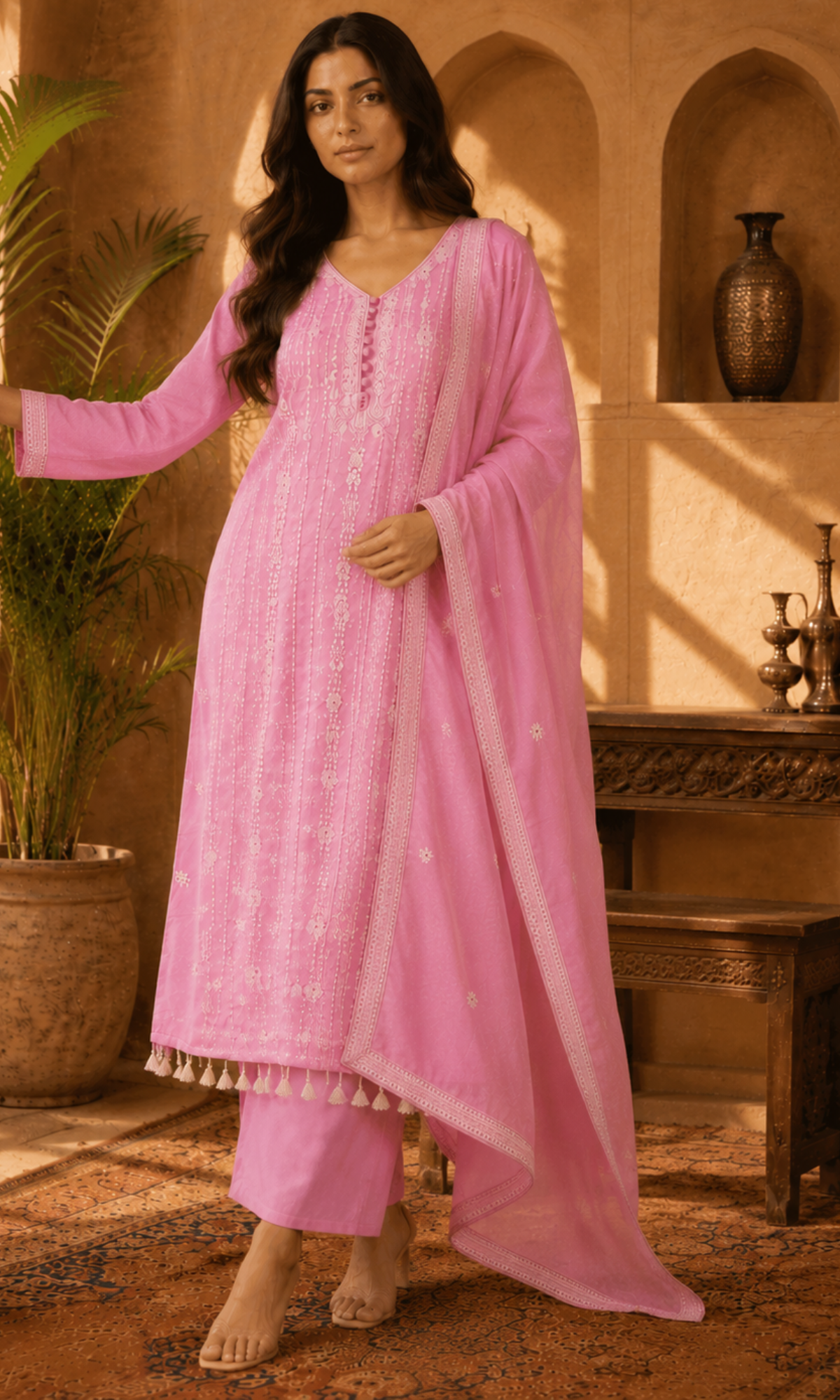 Pink Floral Embroidery Kurta Set
