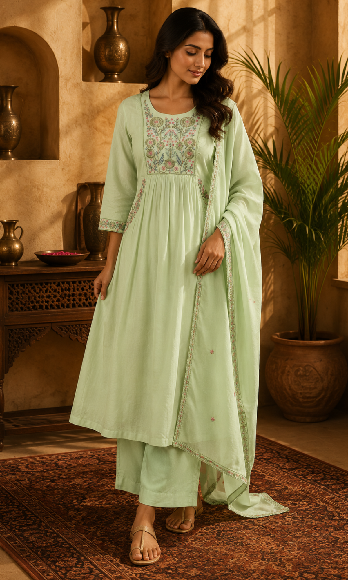 Light GreenBlossom Embroidered Suit Set