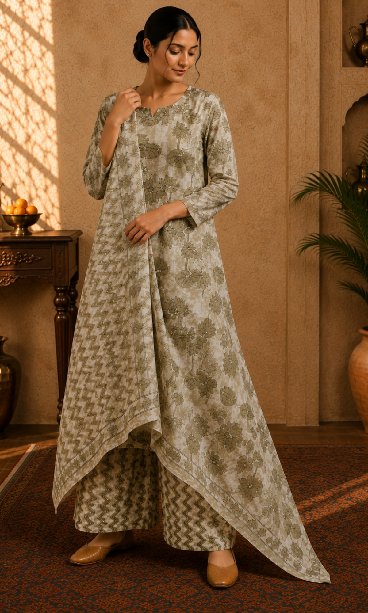 Olive Floral Printed Suit Set