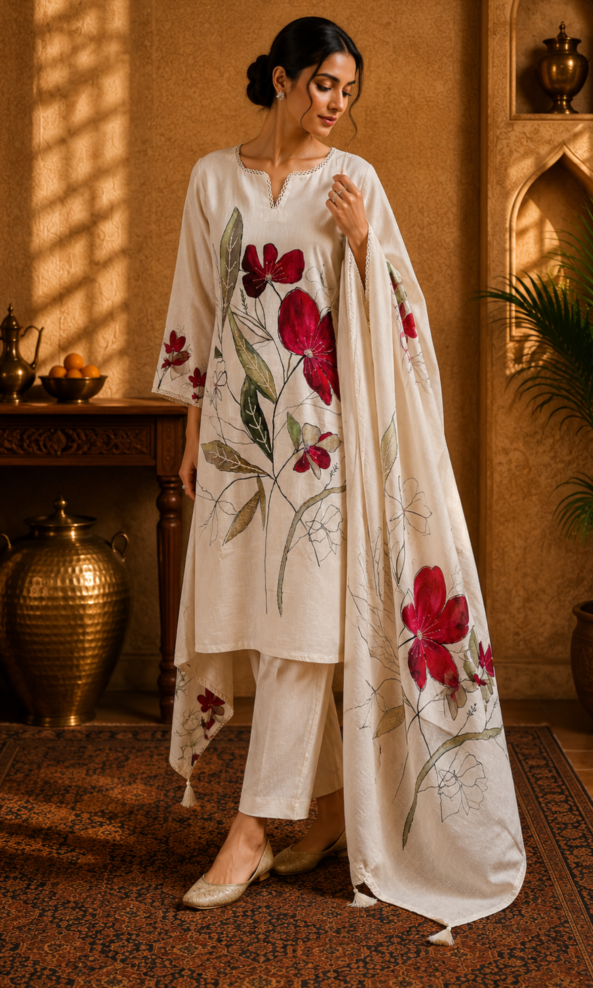 Ivory Crimson Bloom Suit Set
