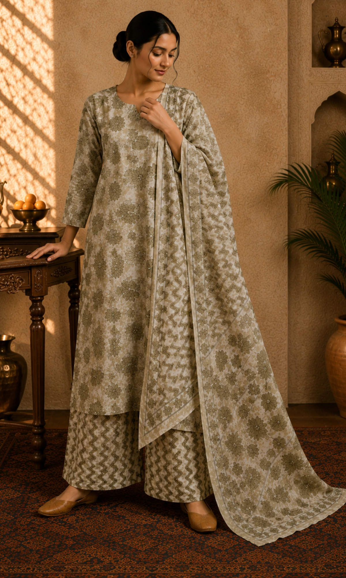 Olive Floral Printed Suit Set