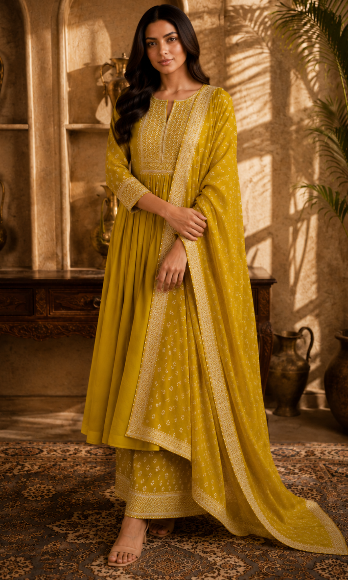 Mustard Printed Anarkali Kurta Set
