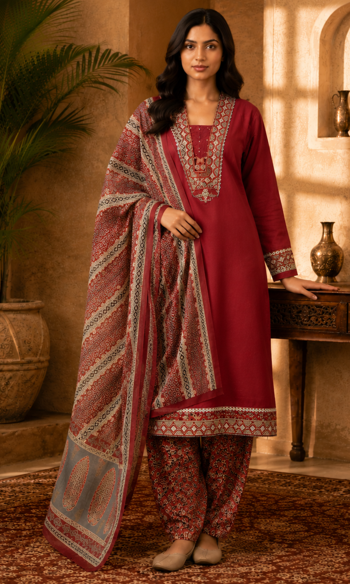 Red embroidered Kurta Set