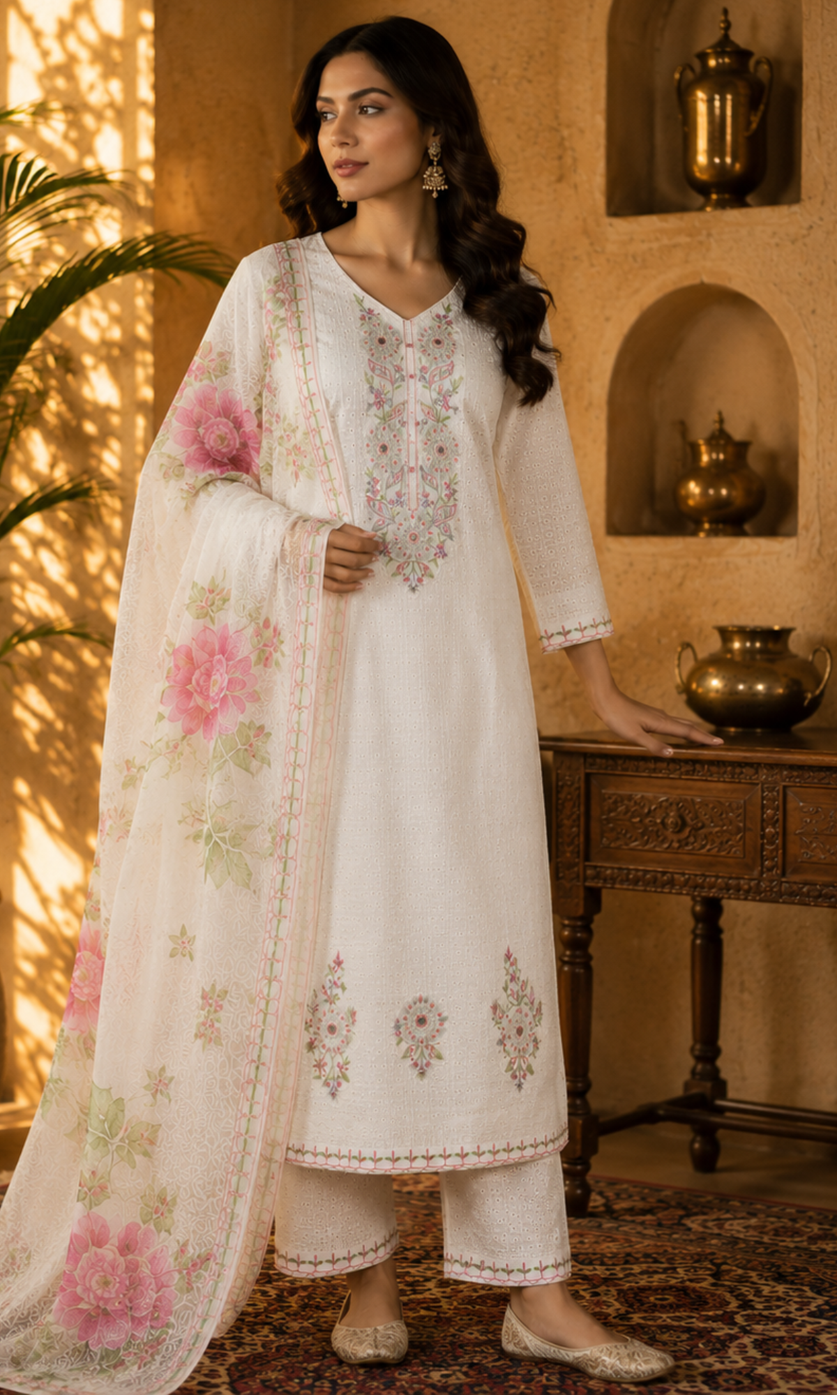 Ivory Floral Embroidery Kurta Set
