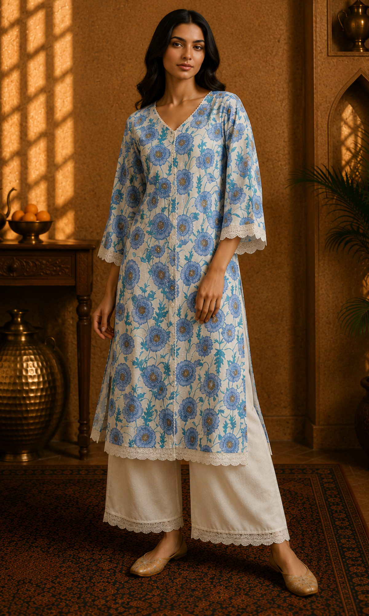 Blue Blossom Printed Kurta Palazzo Set