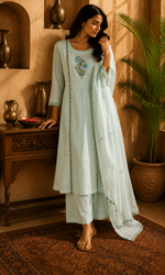 Sky Blue Embroidered Floral Kurta Set