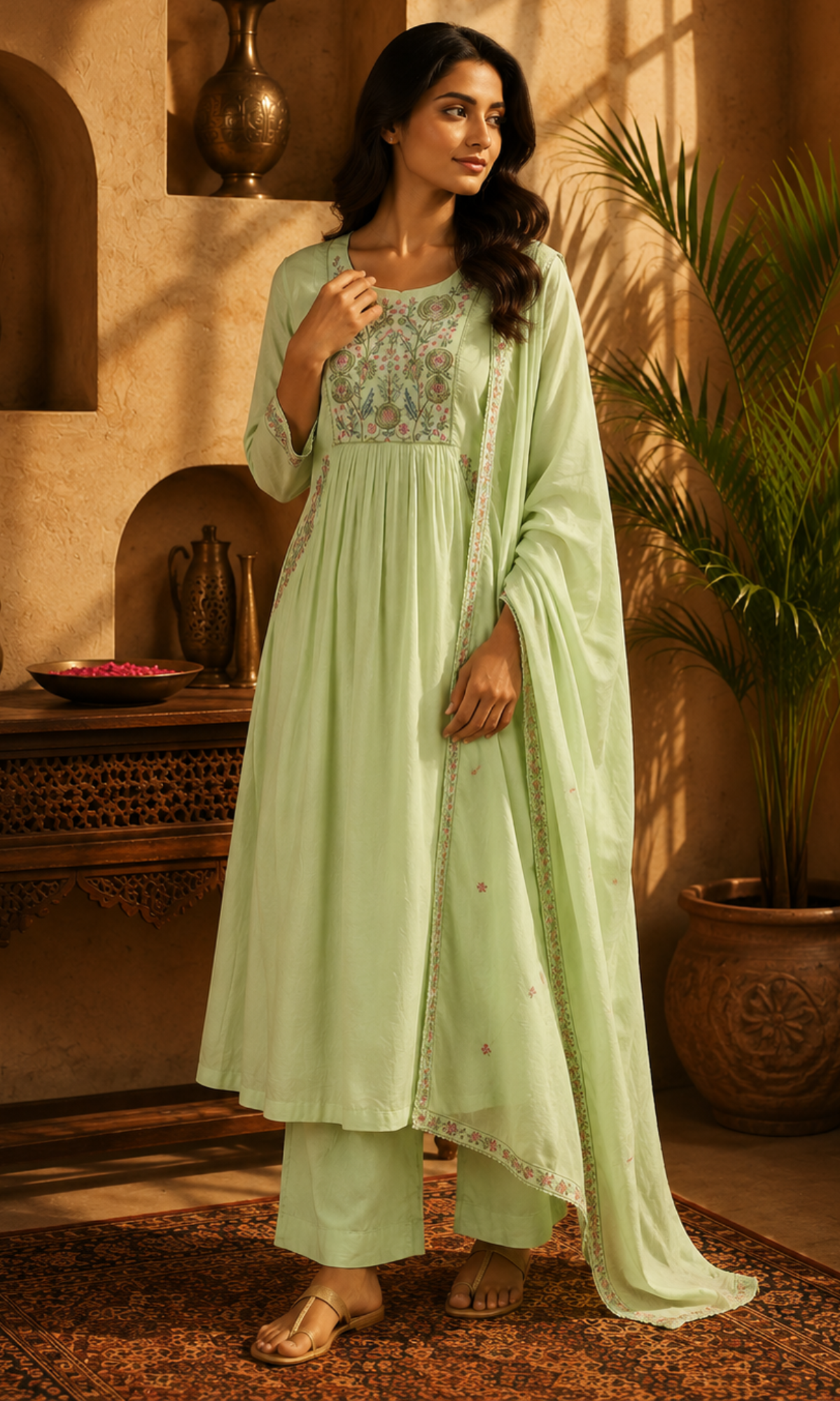 Light GreenBlossom Embroidered Suit Set