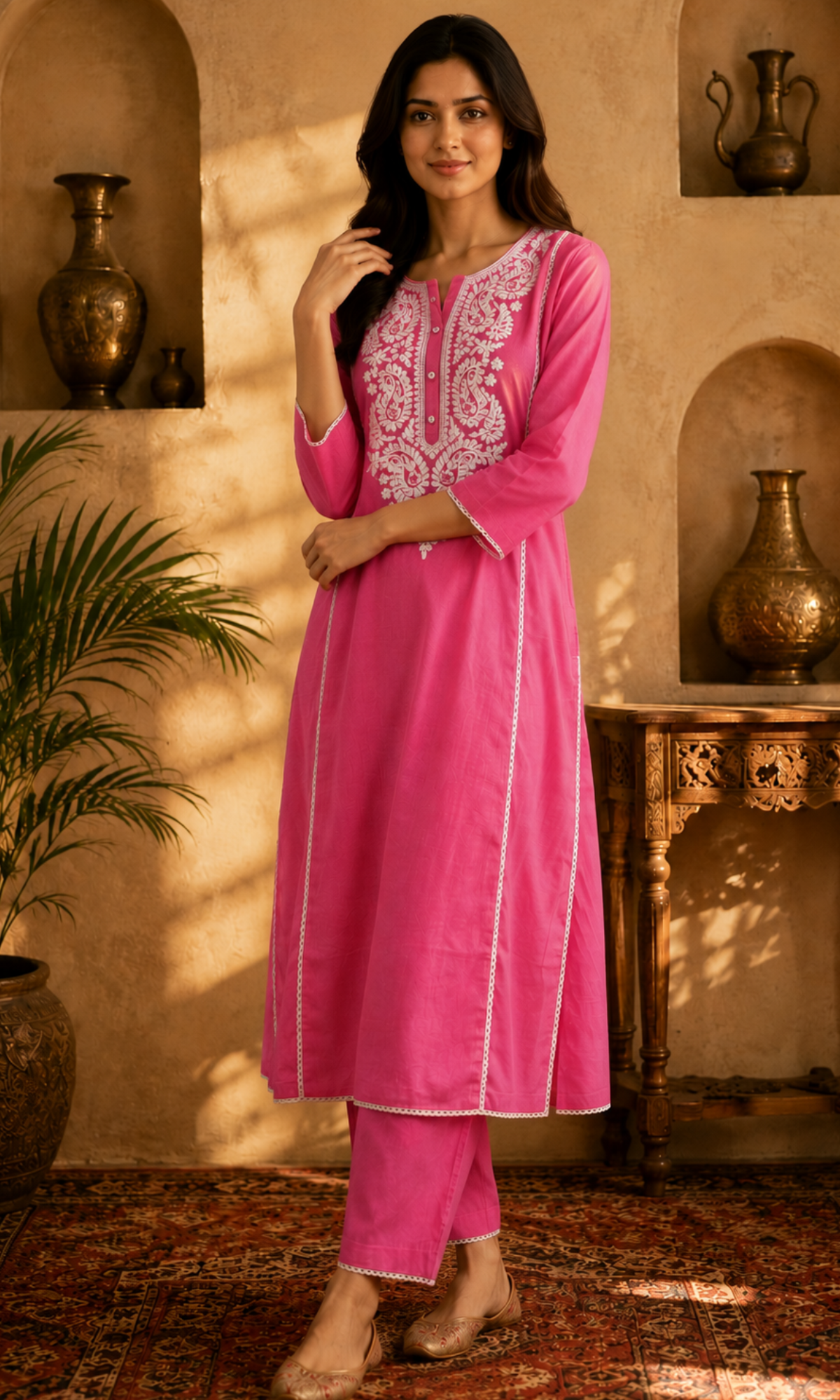 Pink Solid Embroidered Kurta Set