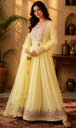 Light Yellow Floral Embroidery Anarkali Kurta Set