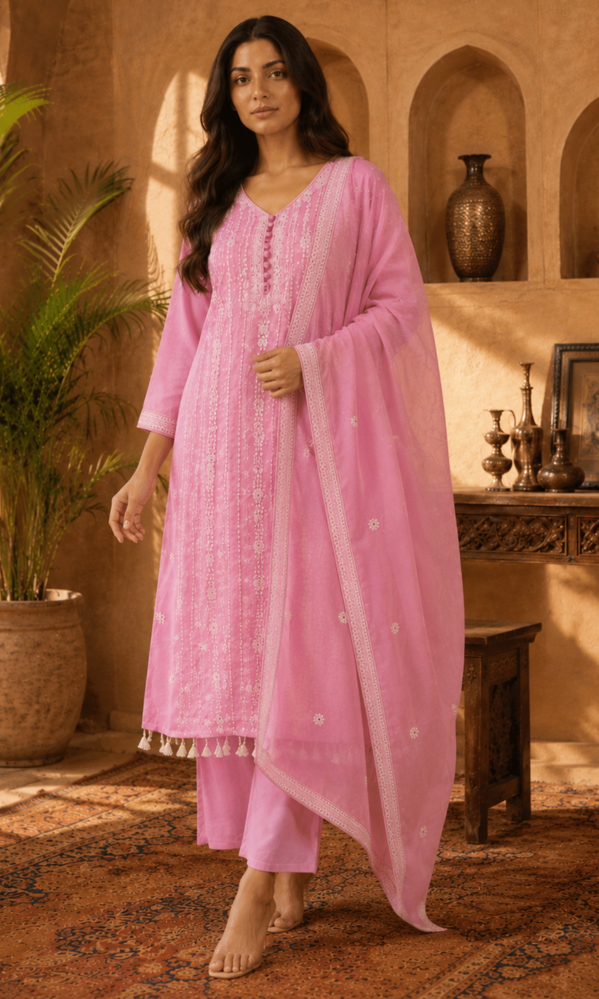 Pink Floral Embroidery Kurta Set