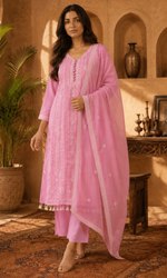 Pink Floral Embroidery Kurta Set