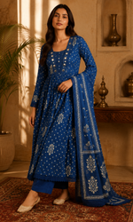 Blue Printed Anarkali Kurta Set