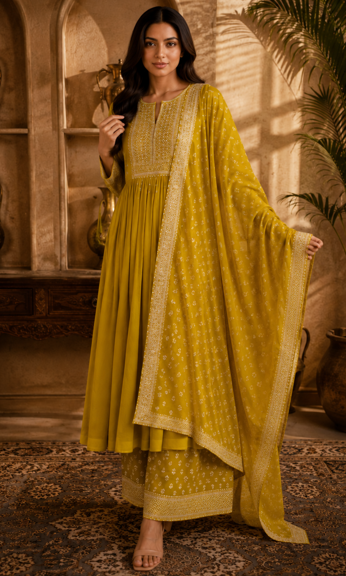 Mustard Printed Anarkali Kurta Set