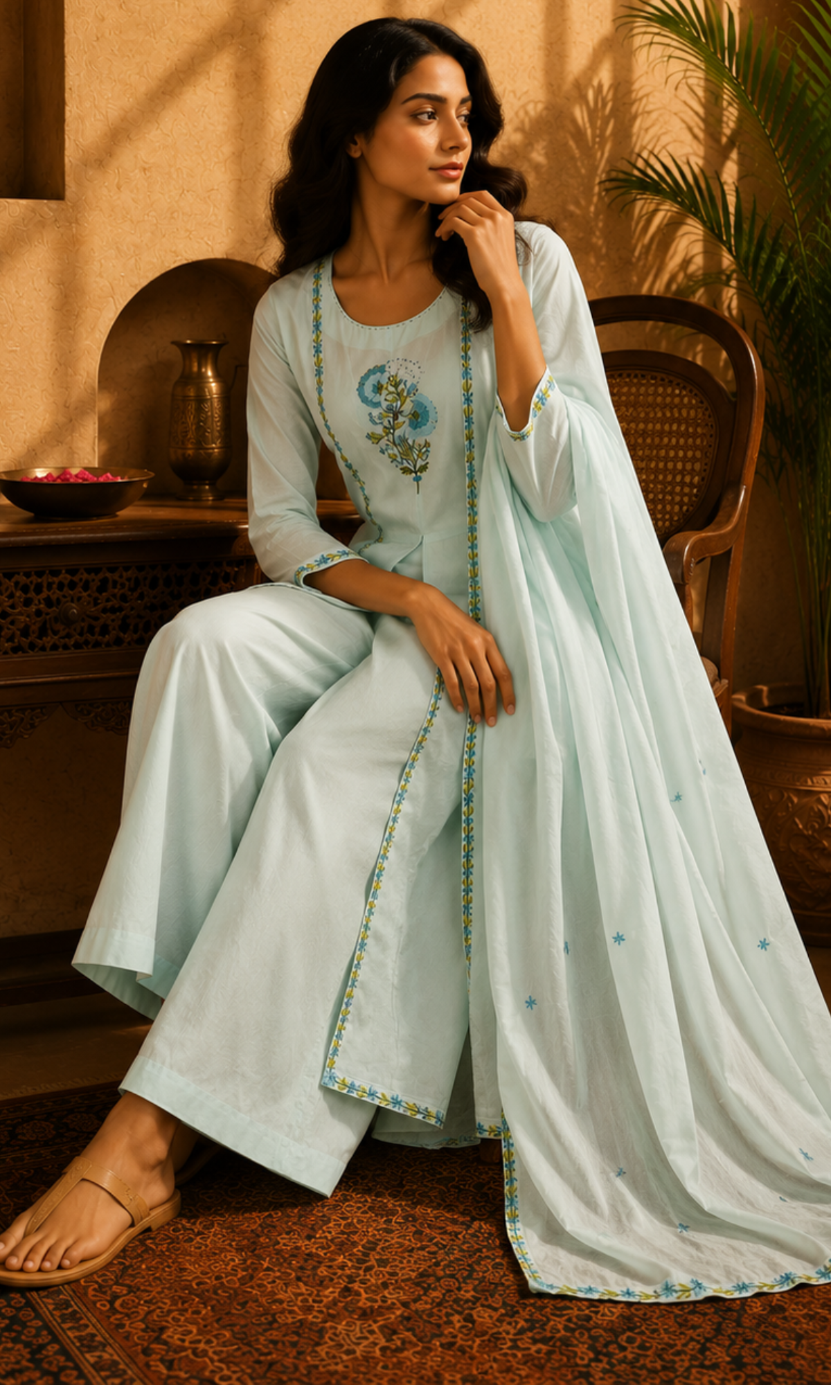 Sky Blue Embroidered Floral Kurta Set