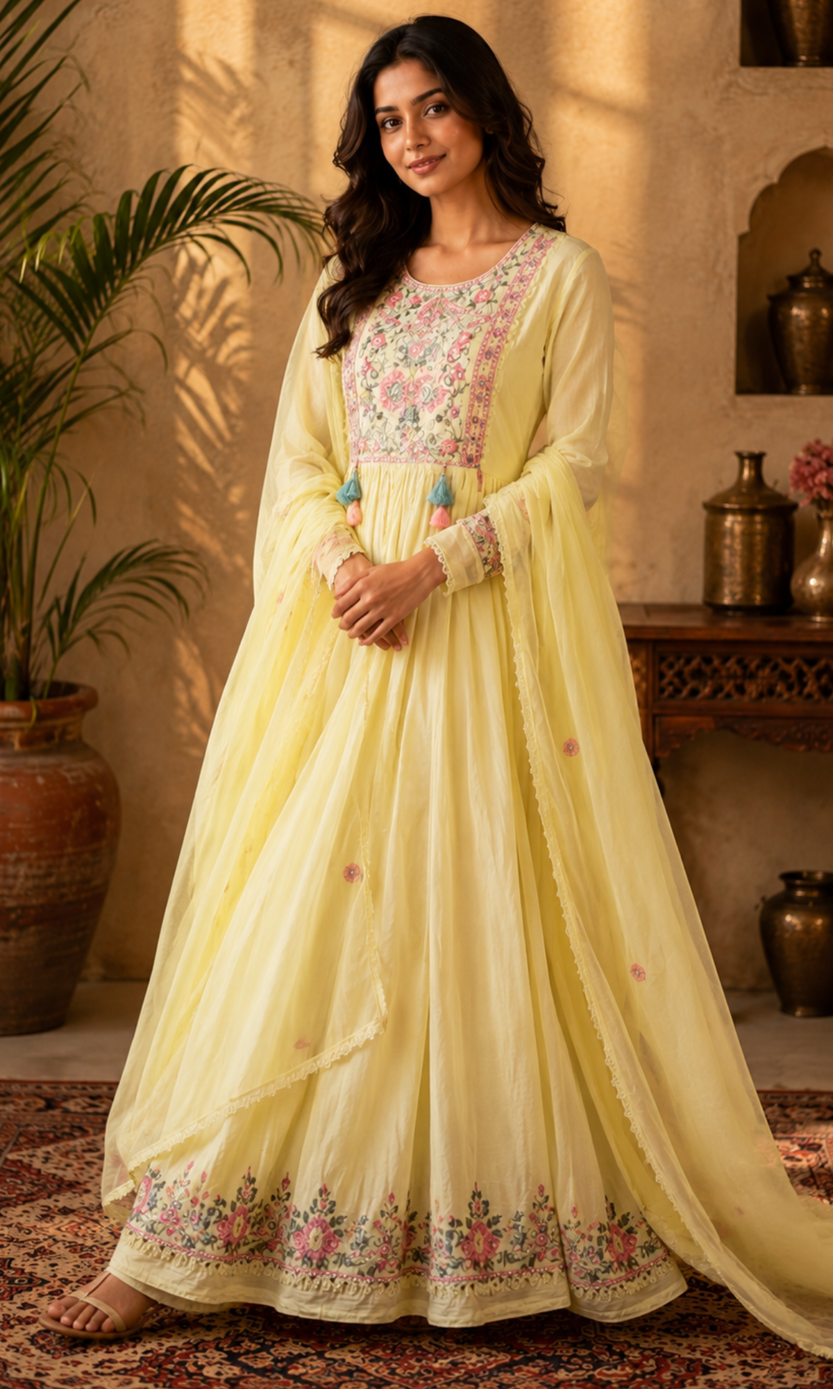 Light Yellow Floral Embroidery Anarkali Kurta Set