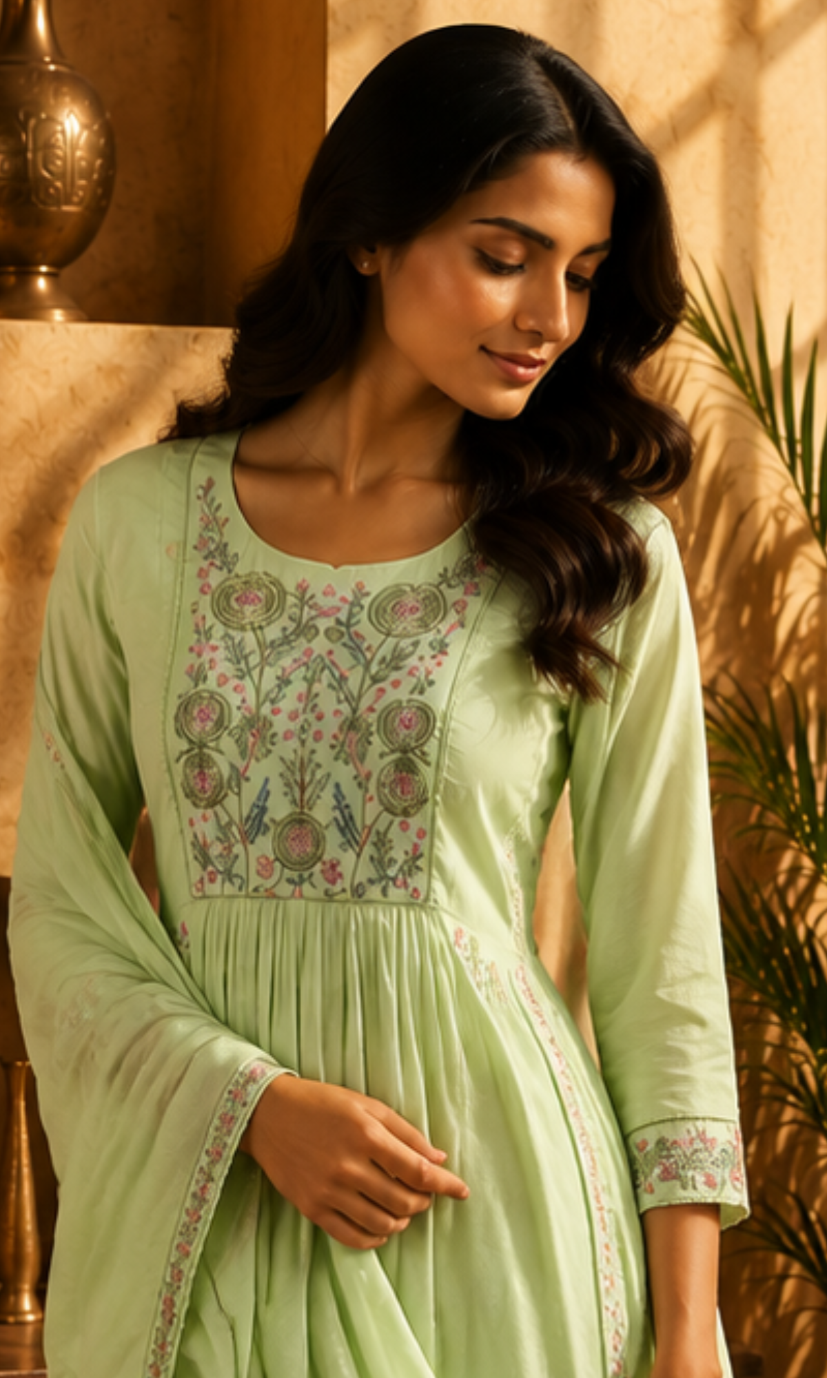 Light GreenBlossom Embroidered Suit Set