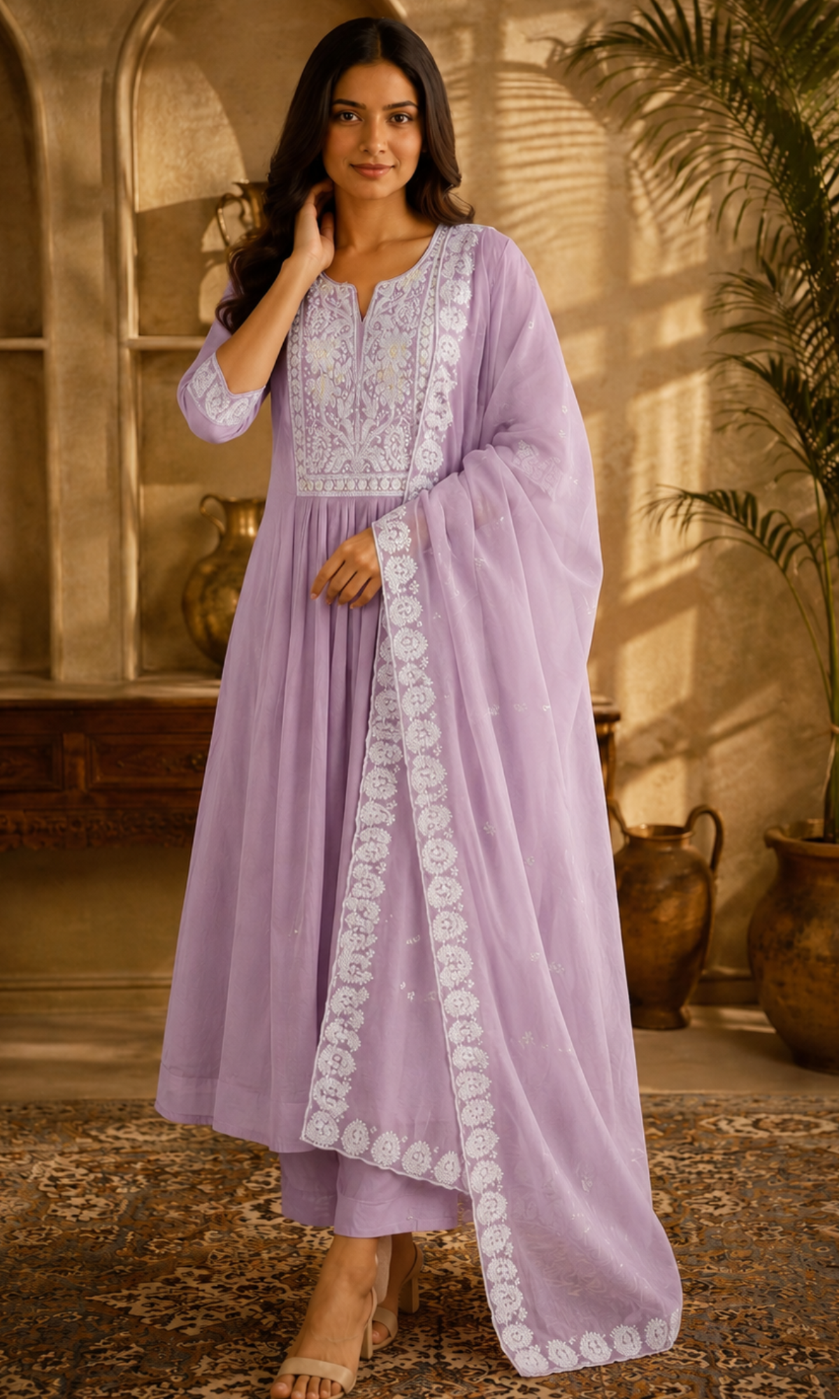 Light Purple Floral Embroidery Anarkali Kurta set