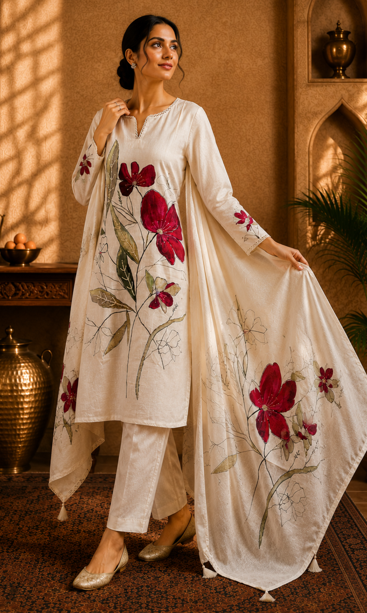 Ivory Crimson Bloom Suit Set