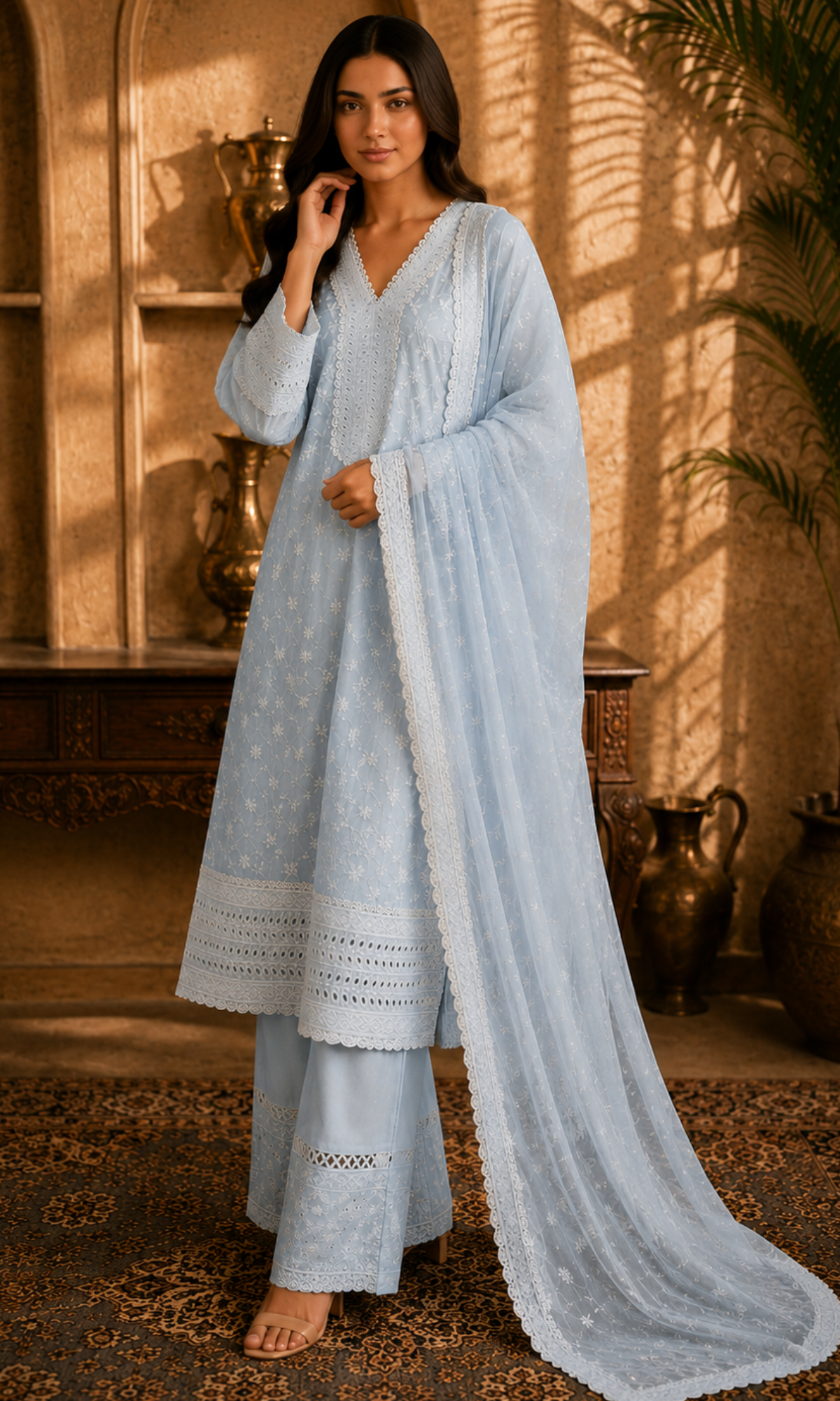Powder Blue Floral Embroidery Kurta Set