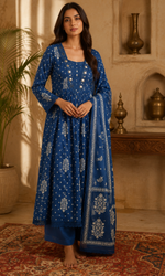 Blue Printed Anarkali Kurta Set