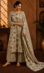 Olive Floral Printed Suit Set