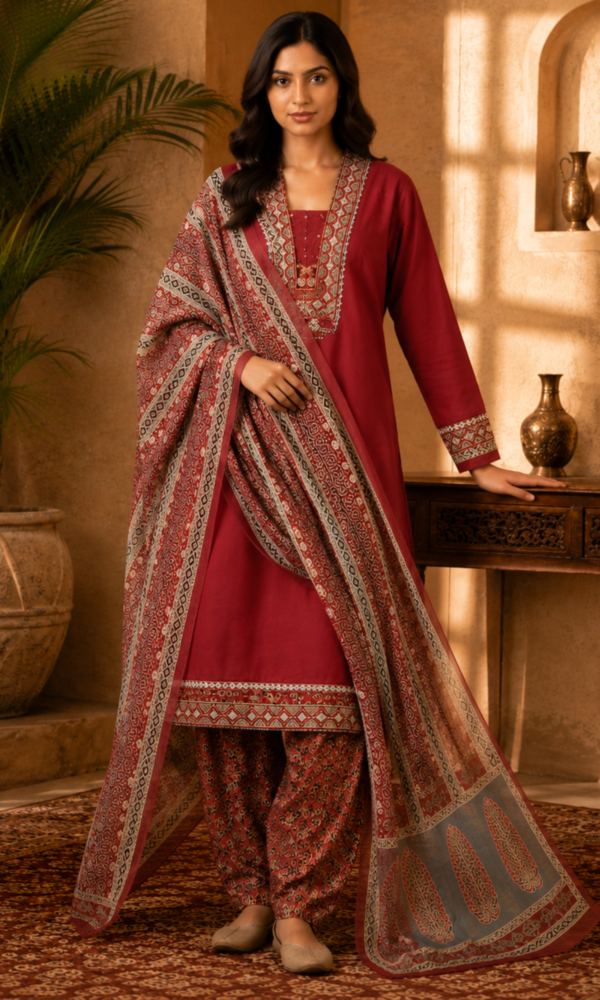 Red embroidered Kurta Set
