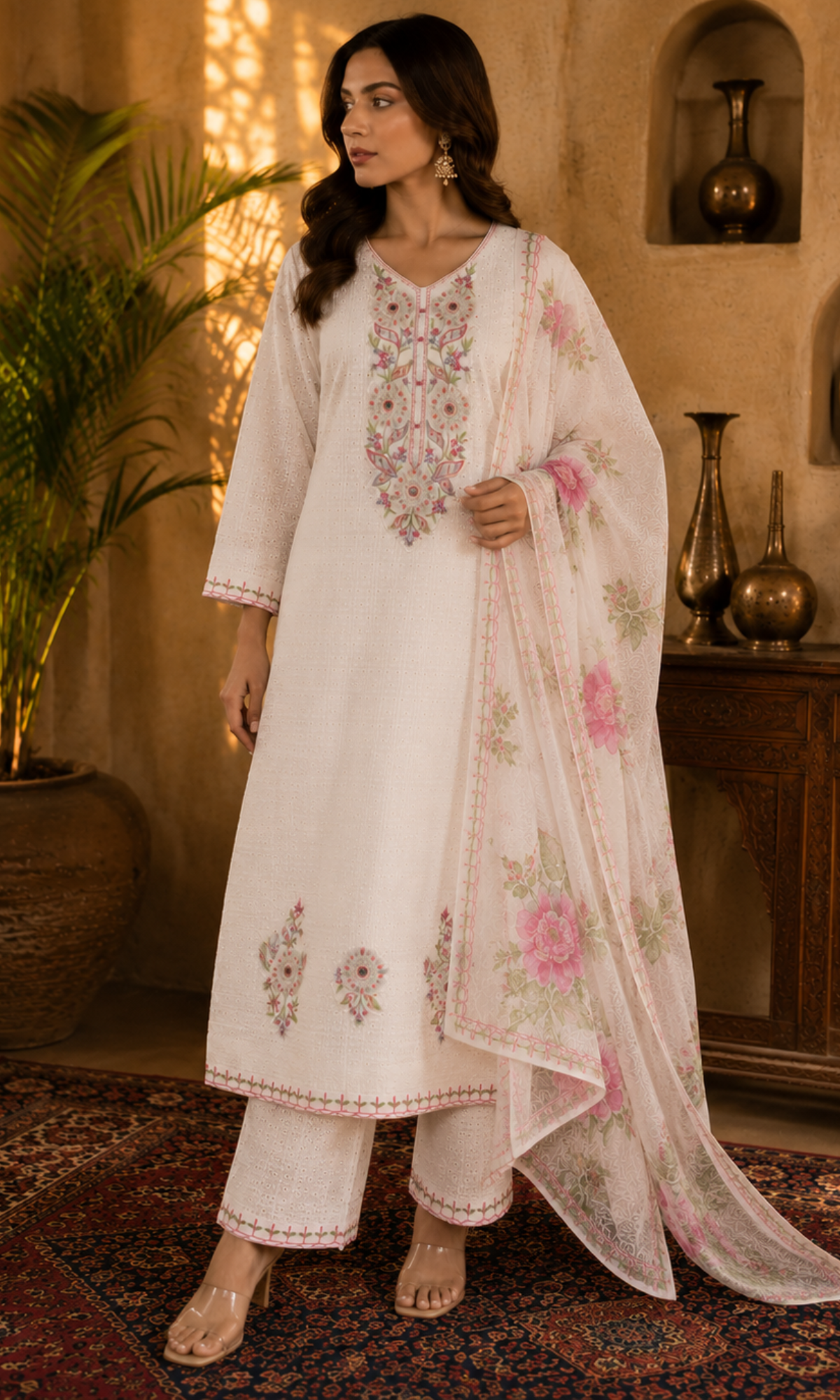 Ivory Floral Embroidery Kurta Set